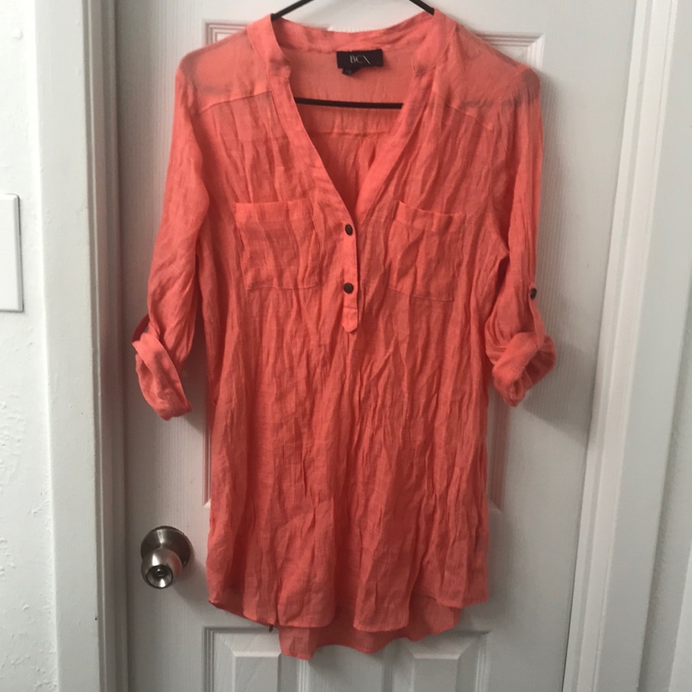 Salmon 3/4 length  linen like blouse